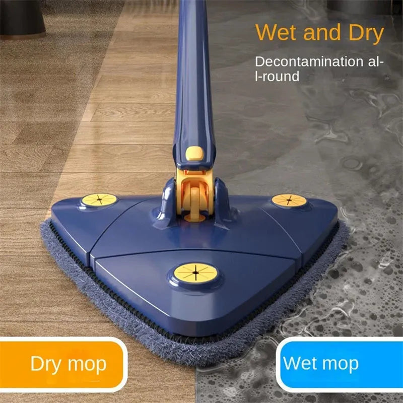 Extendable triangle mop with 360° rotating head and stainless steel pole for deep cleaning