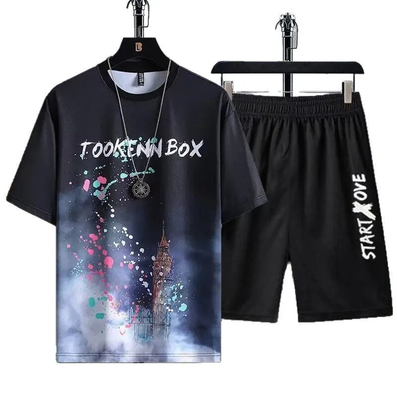 Men's summer ice silk suit set with short sleeve jacket and matching shorts