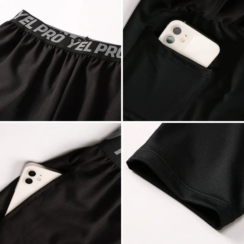 Men's grey quick-drying high elastic tight pants for fitness and running sports.