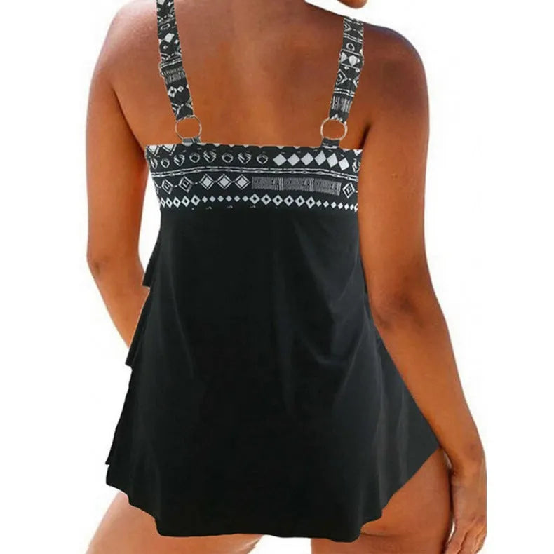 Women's plus size split swimsuit with double shoulder straps and decorative bow detail