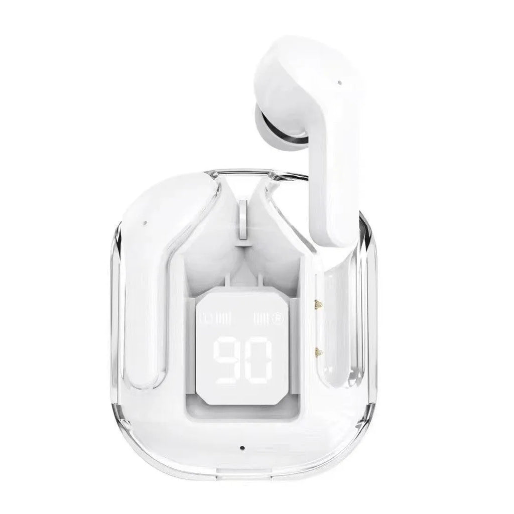 Transparent space capsule case true wireless Bluetooth earphones with digital display screen in multiple colours
