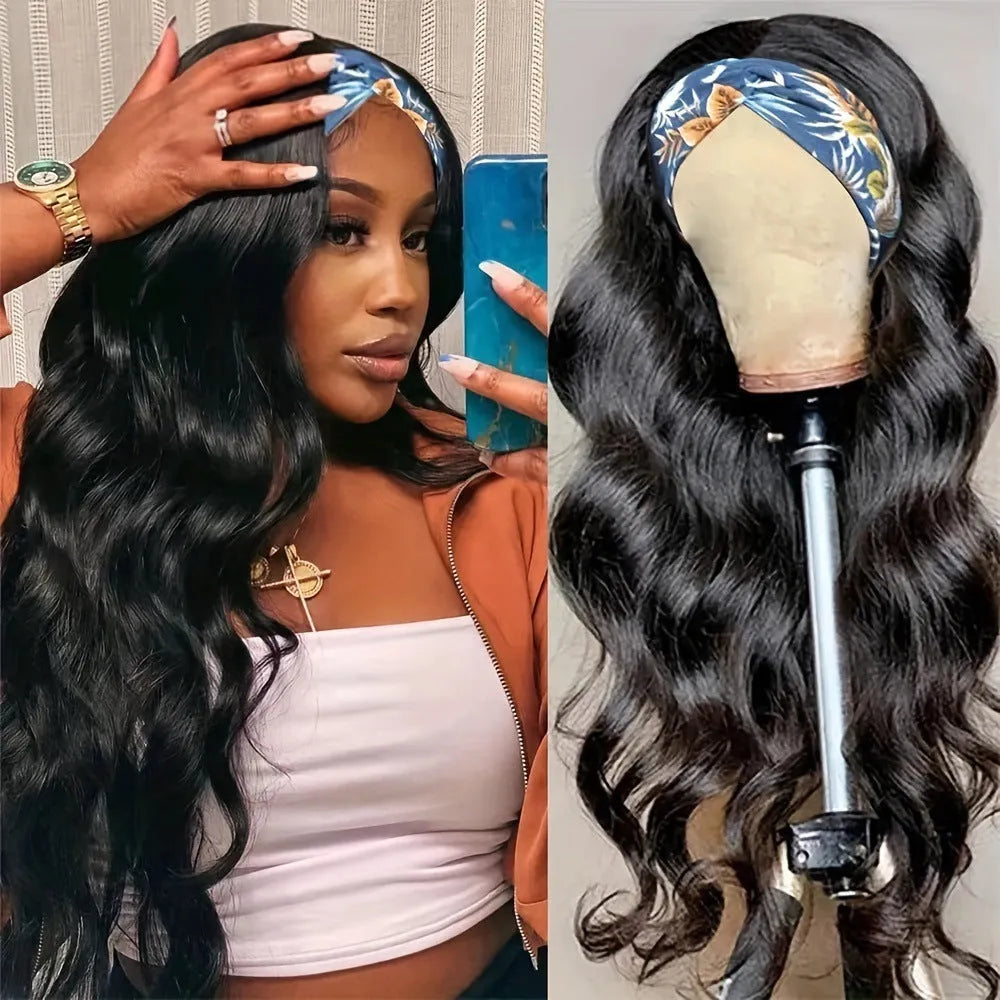 Headband wig with long high temperature fibre hair in headscarf style, shown in black straight, black curly and wine red colour options