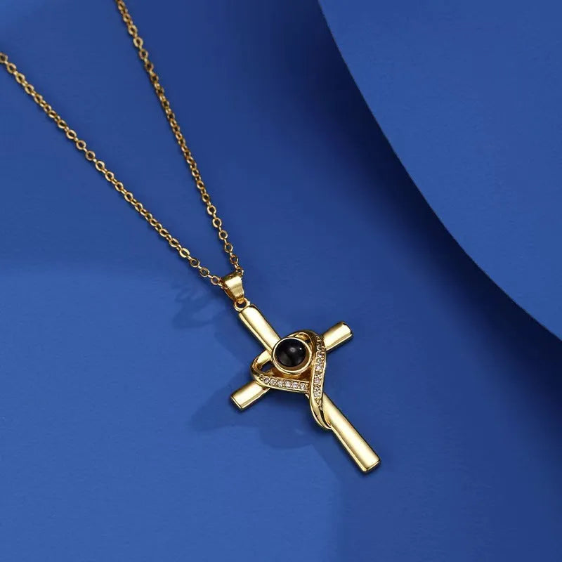 'I Love You' projection necklace pendant in copper with heart and cross design