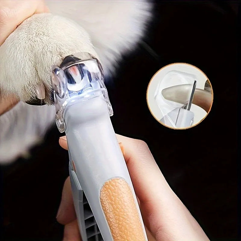 Yellow LED pet nail trimmer with magnifying glass and steel blades for cutting cat and dog nails