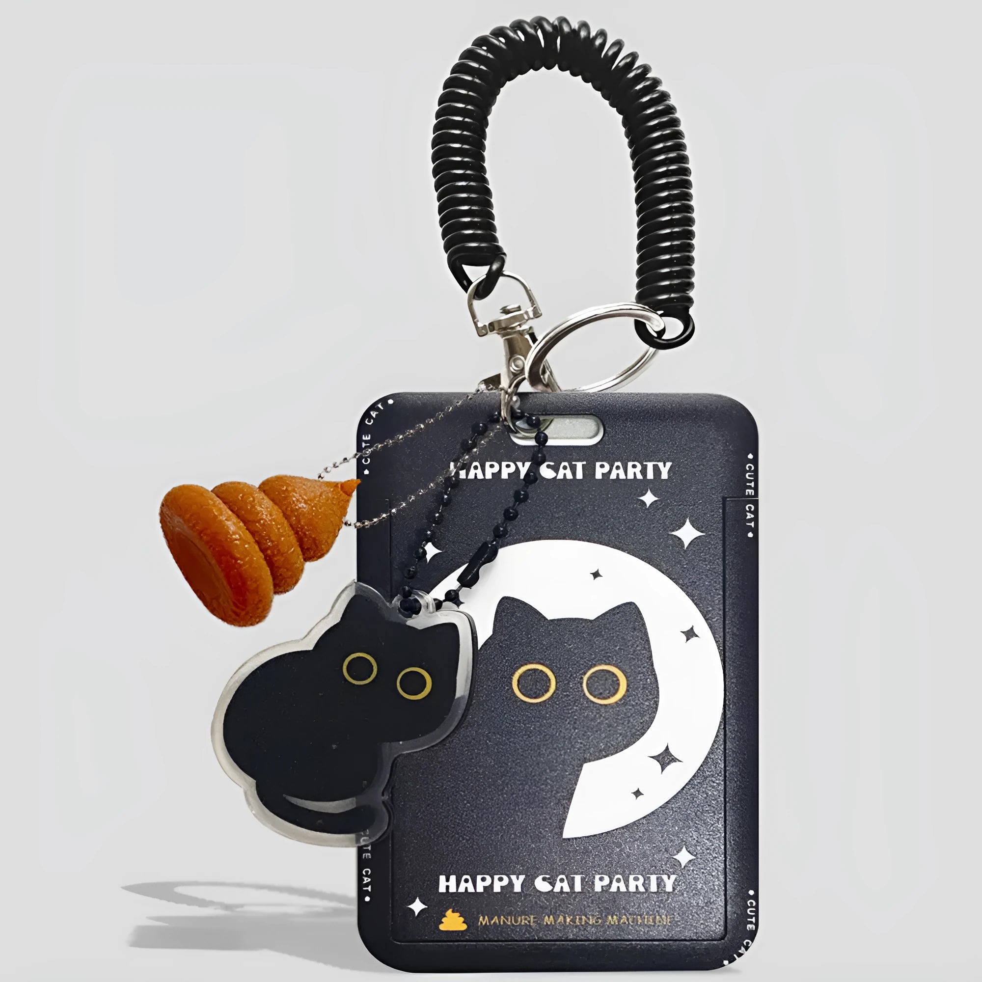 Cute little black cat cartoon design plastic card holder with metal pendant attachment.