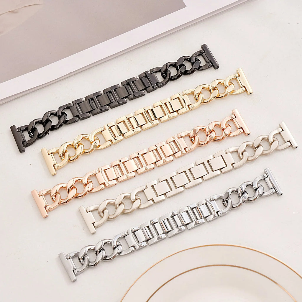 Denim chain link metal Apple Watch replacement strap in silver, black, gold, rose gold, and Starlight colours.
