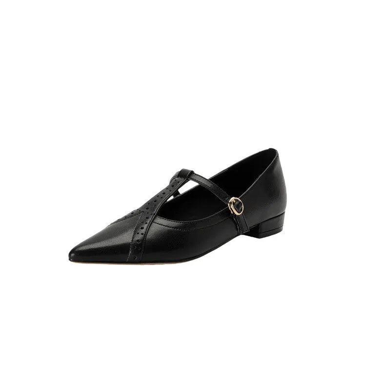 Brown pointed toe low-cut flat shoes with metal detail and soft sole