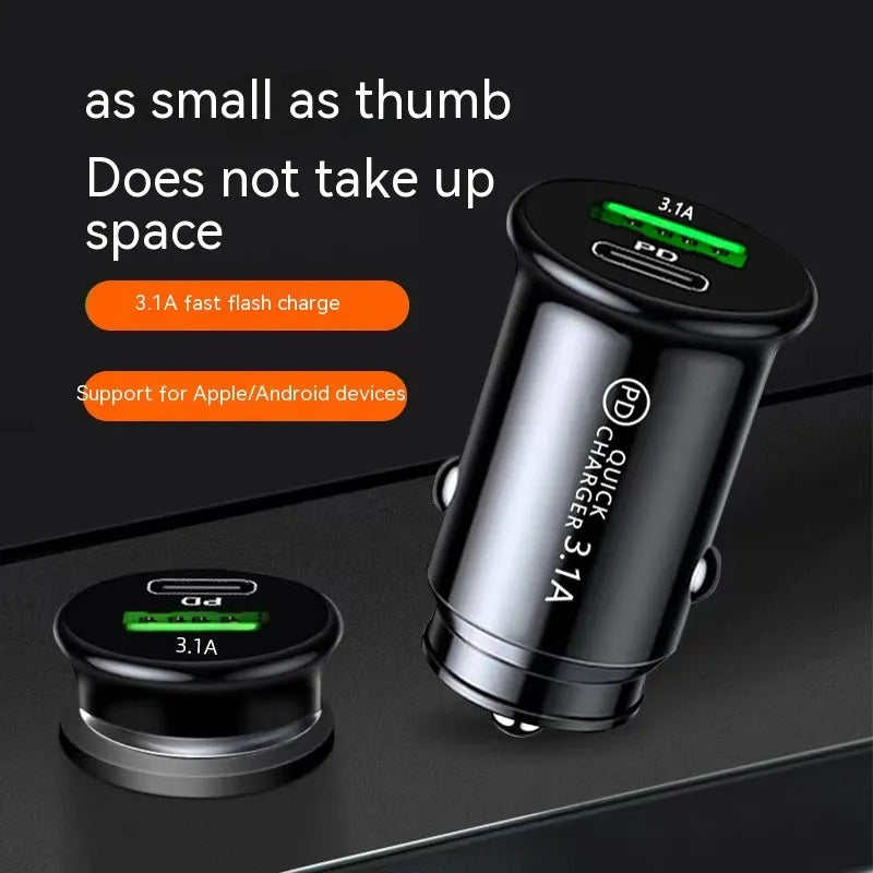 Dual USB port car charger with bare metal housing in black or white finish for 12V vehicle socket charging