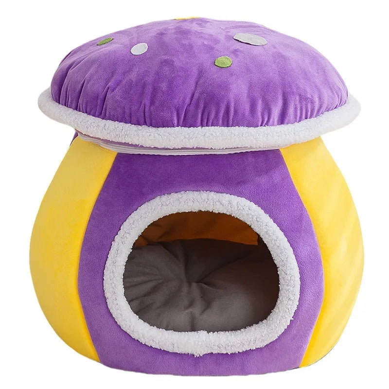 Mushroom-shaped plush cat bed in grey colour with detachable blanket