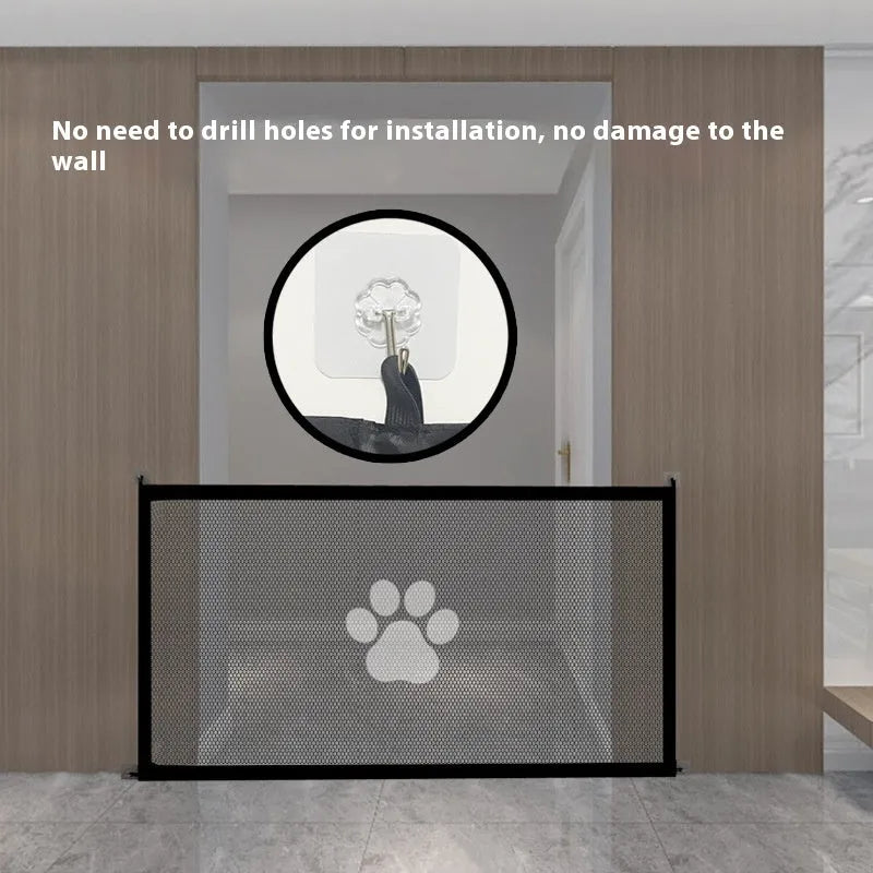Portable folding cloth dog barrier net with pet doorsill design, shown in large and small size options.