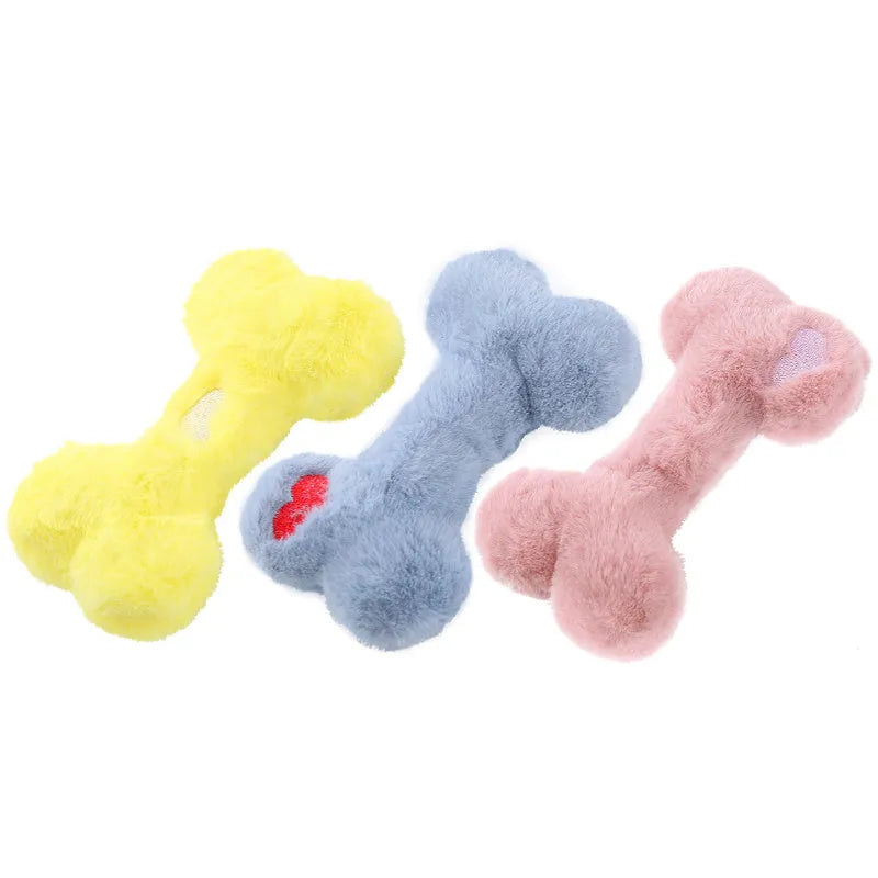 Soft blue plush love bone dog toy with a squeaker for interactive play.