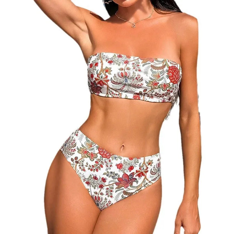 Women's printed bandeau swimsuit bikini set with matching shorts on mannequin