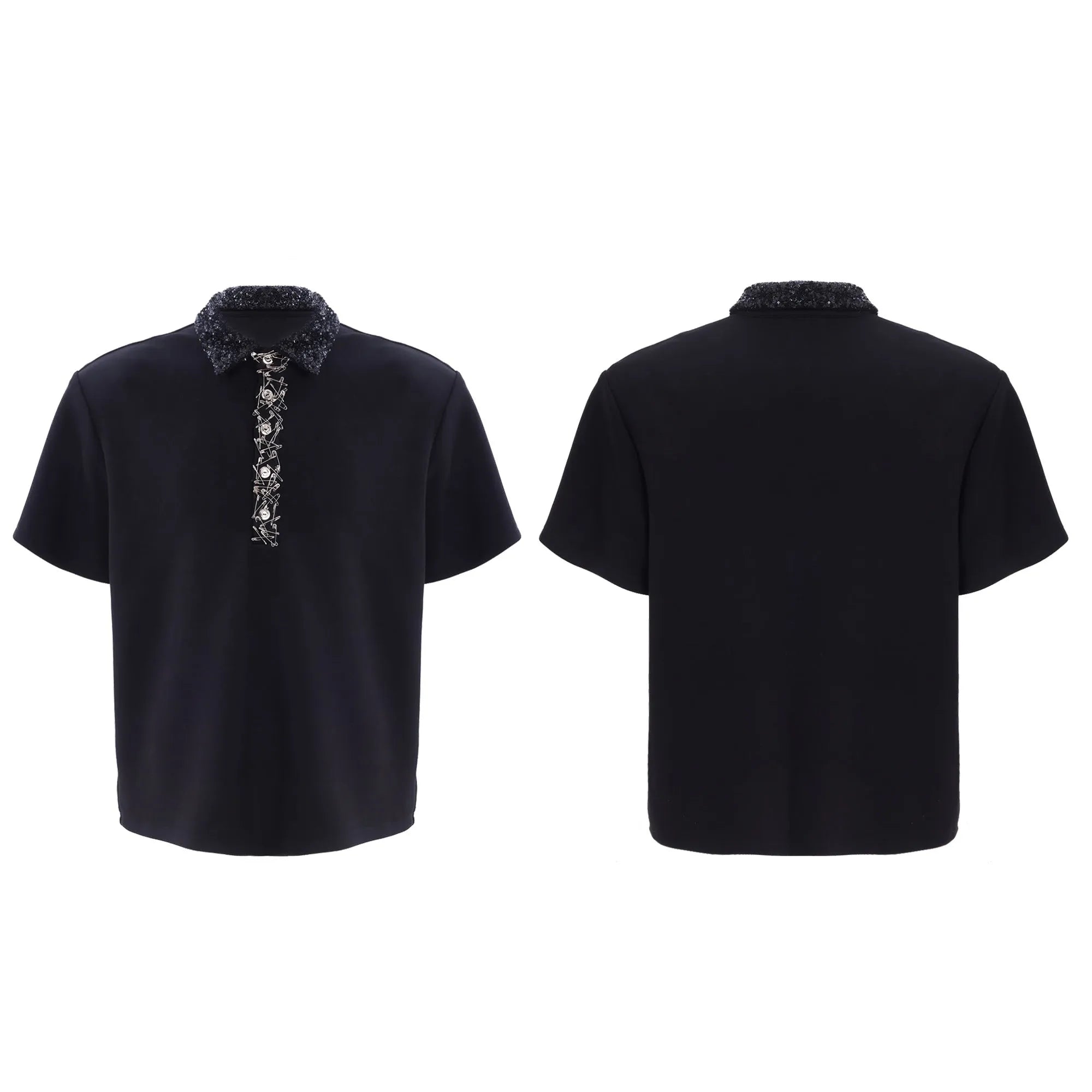 Men's black loose fit polo shirt with square collar and embroidery sequin details on sleeve.