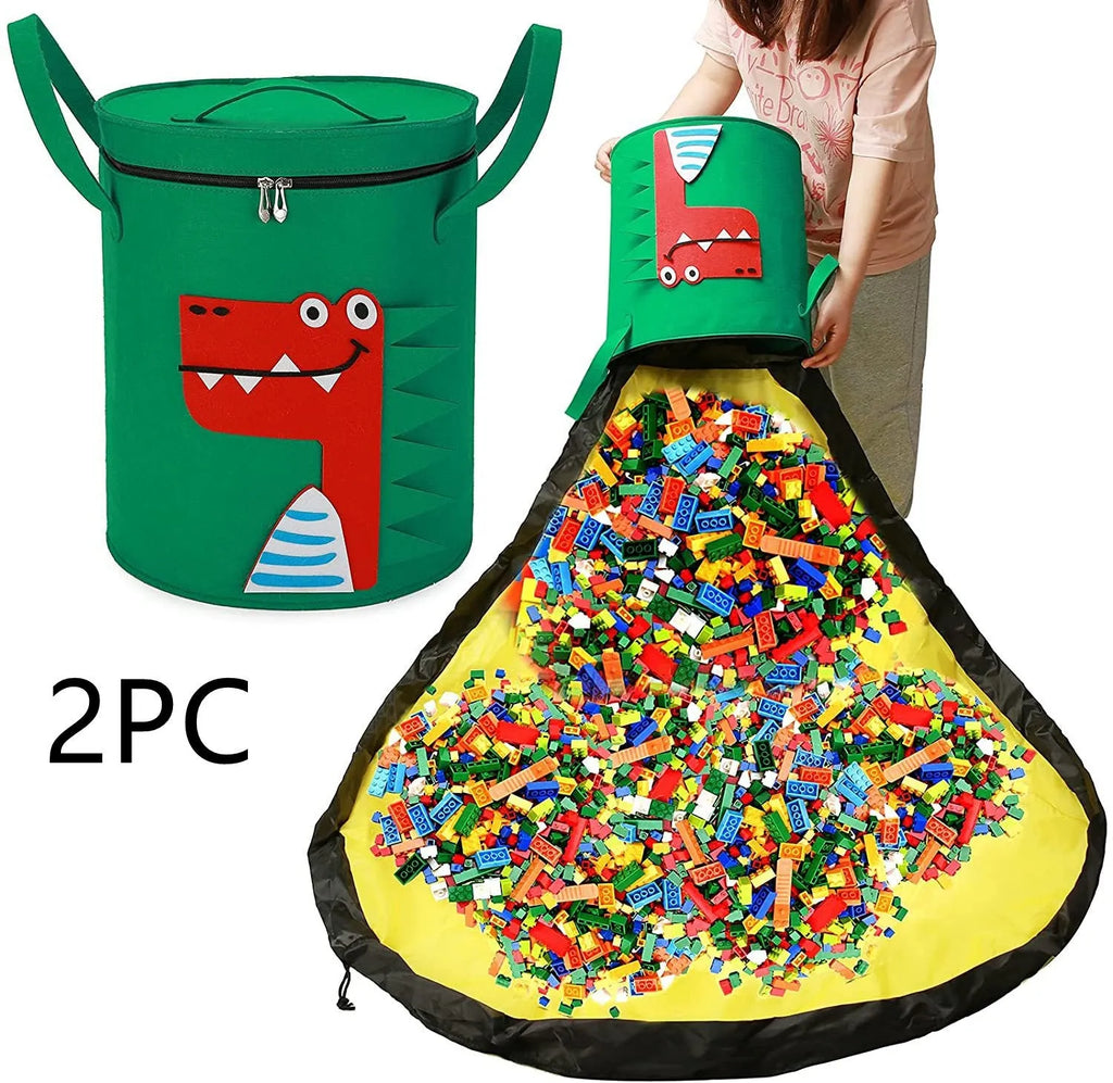 Green felt cube storage bag open as play mat with pull rope closure for toy organisation