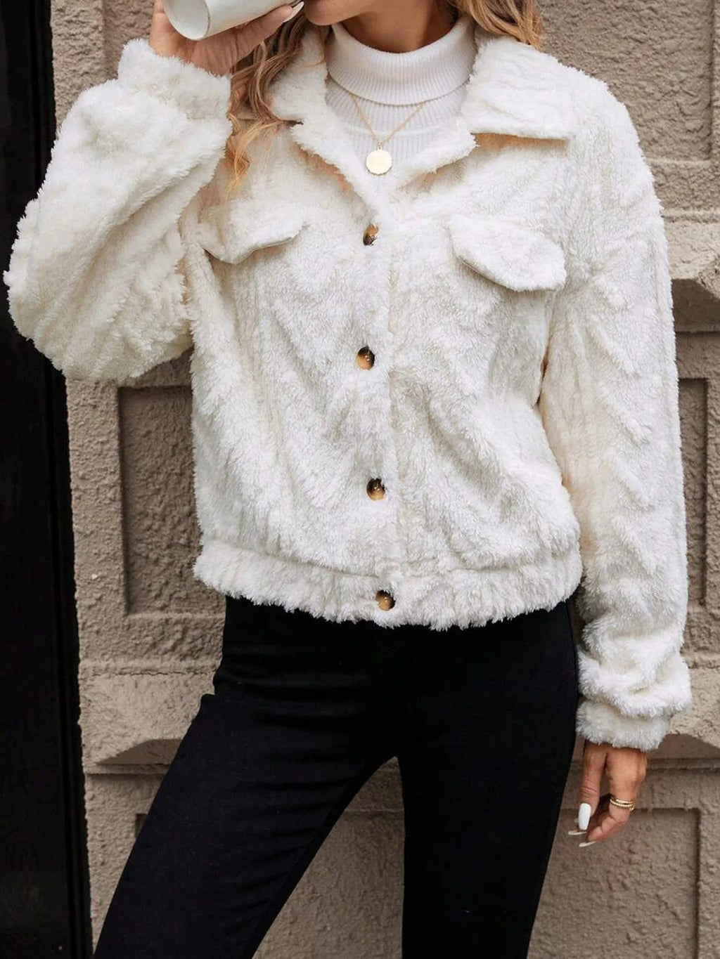 Women's Ivory White double-sided plush button cardigan coat with regular long sleeves