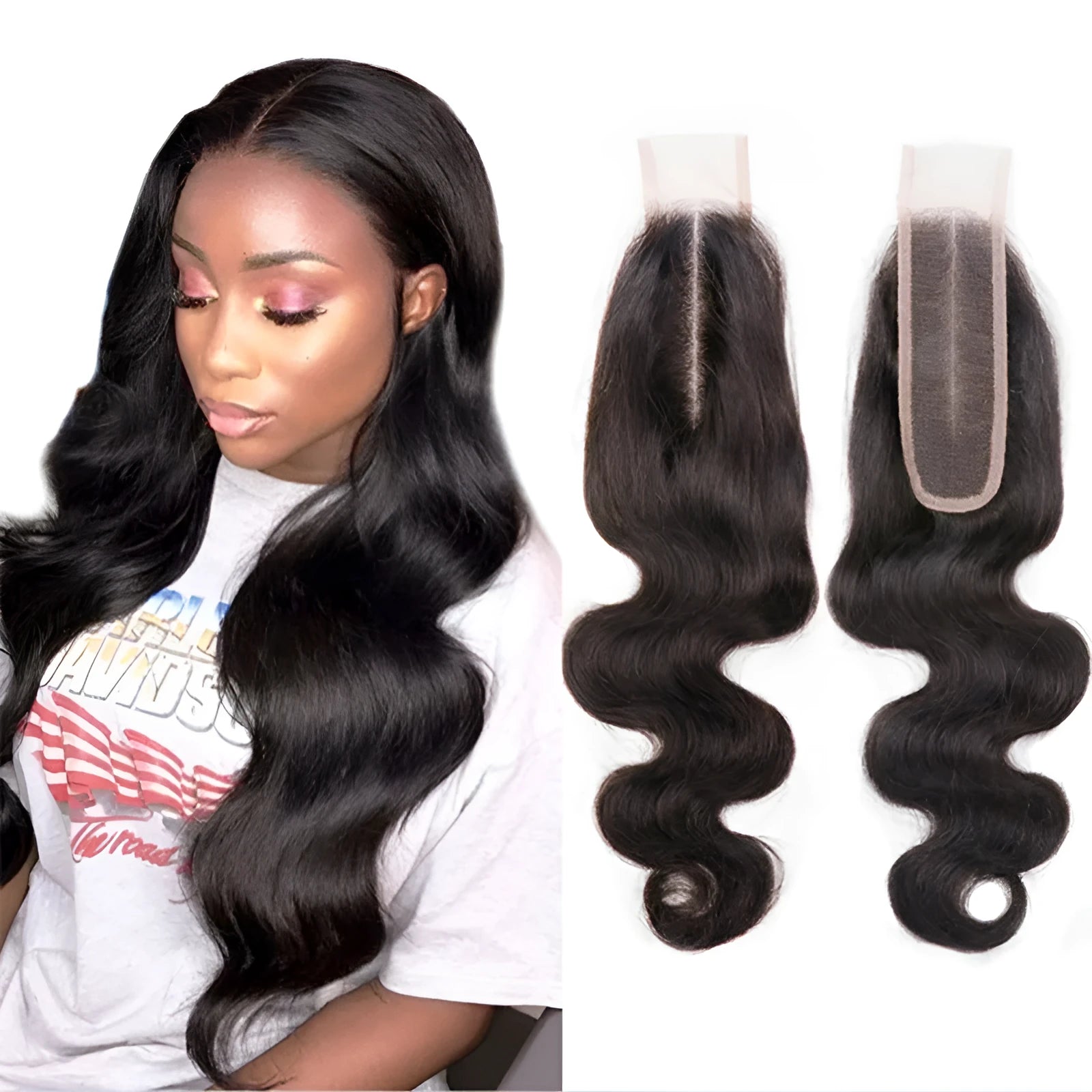 Straight human hair wig in natural colour with hand-woven construction and exotic style detailing
