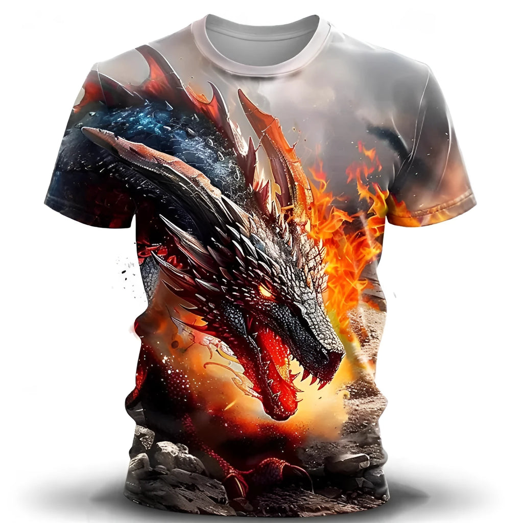 Men's grey T-shirt with a detailed 3D wind dragon graphic print on the chest.