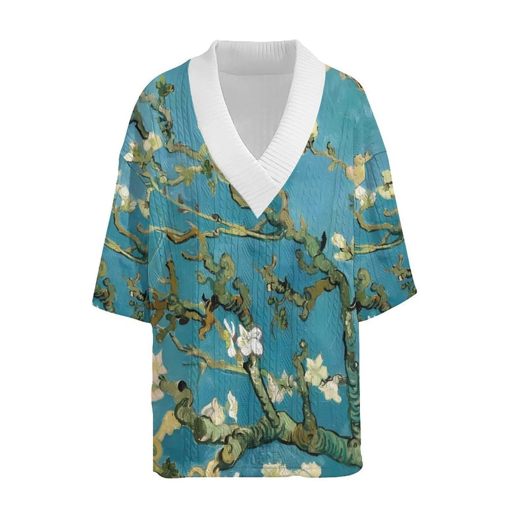 Men's peacock blue knitted shorts suit with 3D printed pattern and matching T-shirt