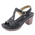 Women's patent leather high heel sandals with metal buckle and thick heel in black colour