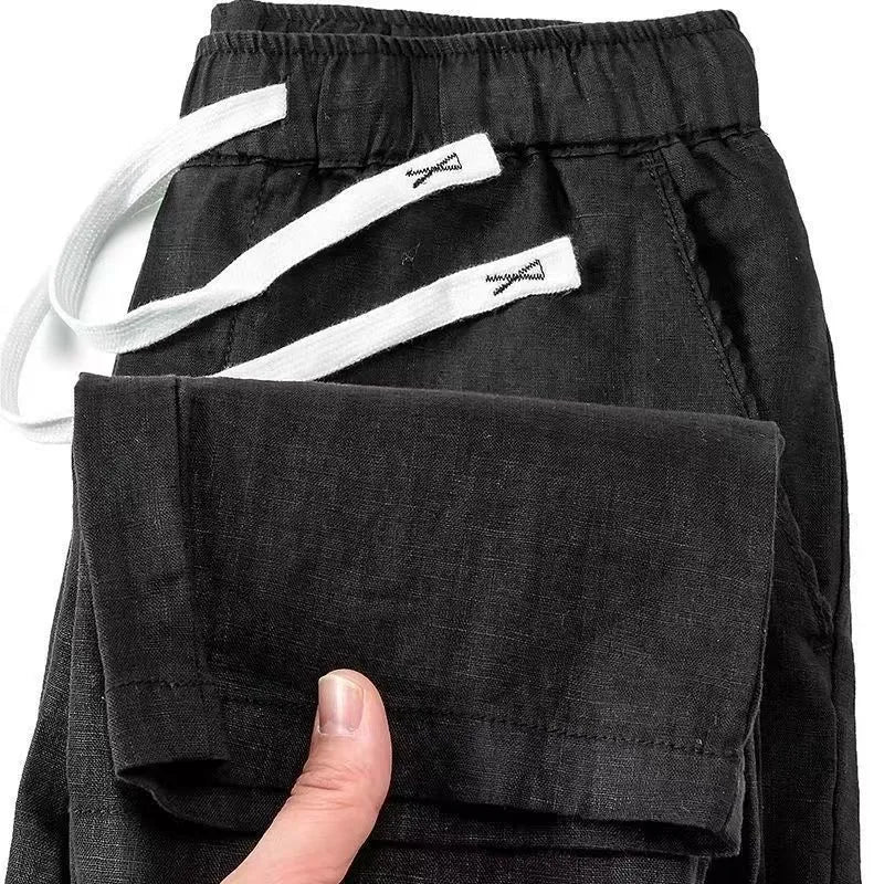 Pure linen Chinese style trousers with elastic drawstring waist in straight leg cut