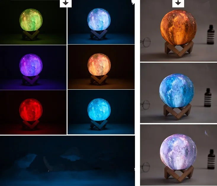 3D printed white lunar night light with colour-changing LED sphere on a stand, showing remote control.
