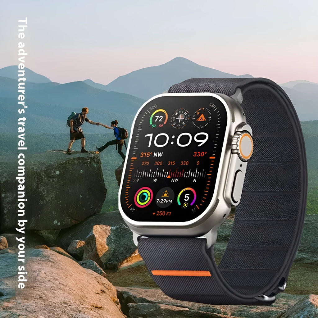 Elastic nylon Apple Watch replacement band with stainless steel buckle shown in multiple colour options.