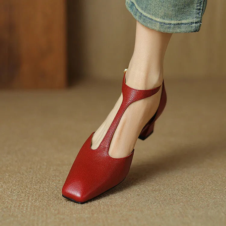 Wine red women's square toe high heels with a chunky block heel and buckle strap.