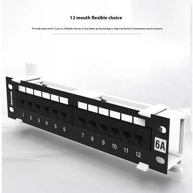 Black 12-port unshielded network distribution frame with hook bracket, supplied with routing knife and accessories.