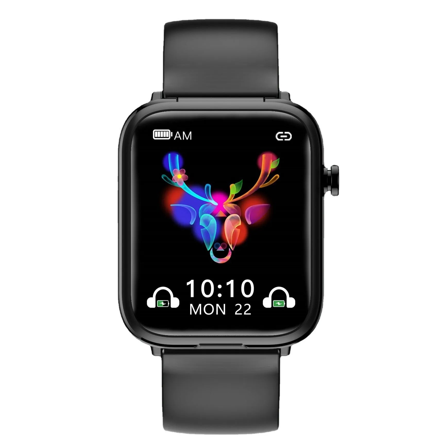 Black smartwatch with 1.69-inch screen and integrated Bluetooth headset stored in charging case.
