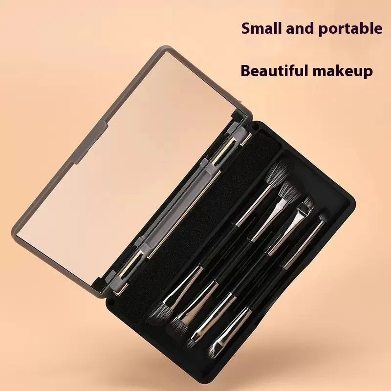 Portable makeup brush set with mirror showing eyeshadow brushes with artificial fibre bristles