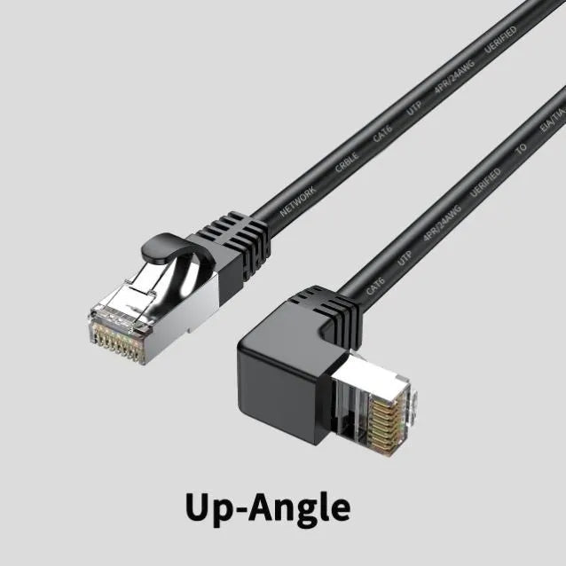 Right-angle Cat6 Ethernet cable with RJ45 connector in various colour options