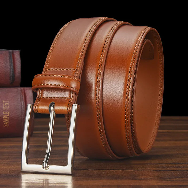 Men's genuine leather belt with alloy pin buckle in classic black showing length measurement and two-layer cowhide construction
