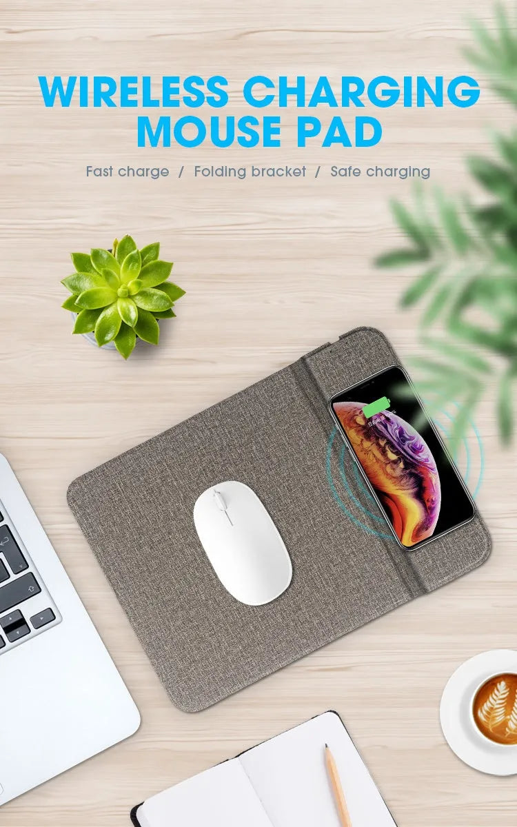 Foldable cloth wireless phone charging holder showing 10W power and 8mm charging distance.
