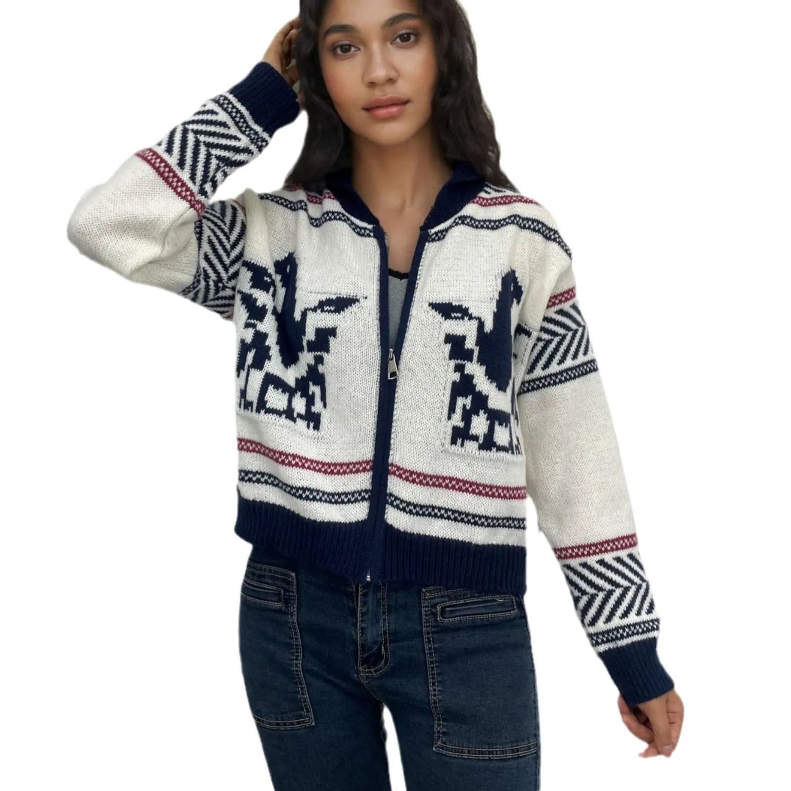 White women's zip-front cardigan with lapel collar and contrast-colour jacquard stripe pattern.