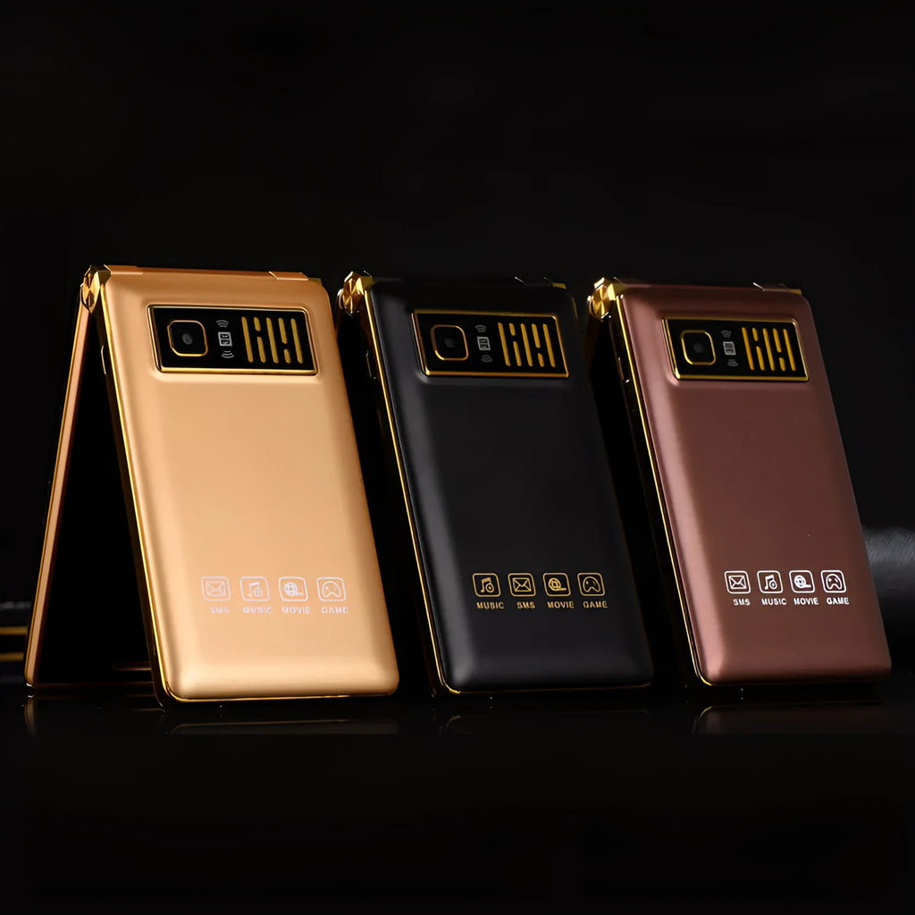 Dual screen flip A15 mobile phone in black, brown, or gold with touch screen and external display