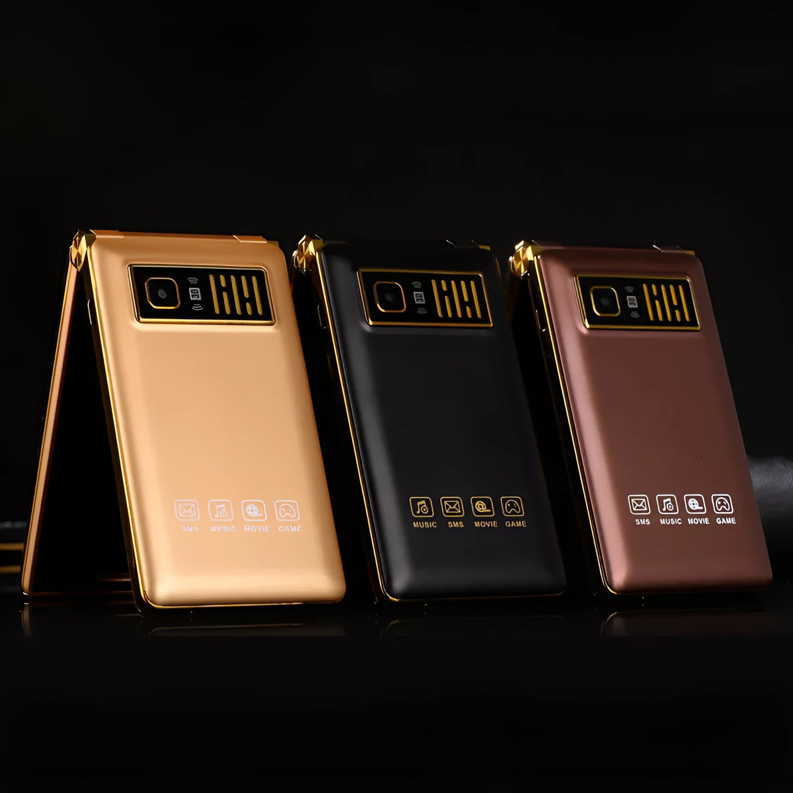 Dual screen flip A15 mobile phone in black, brown, or gold with touch screen and external display