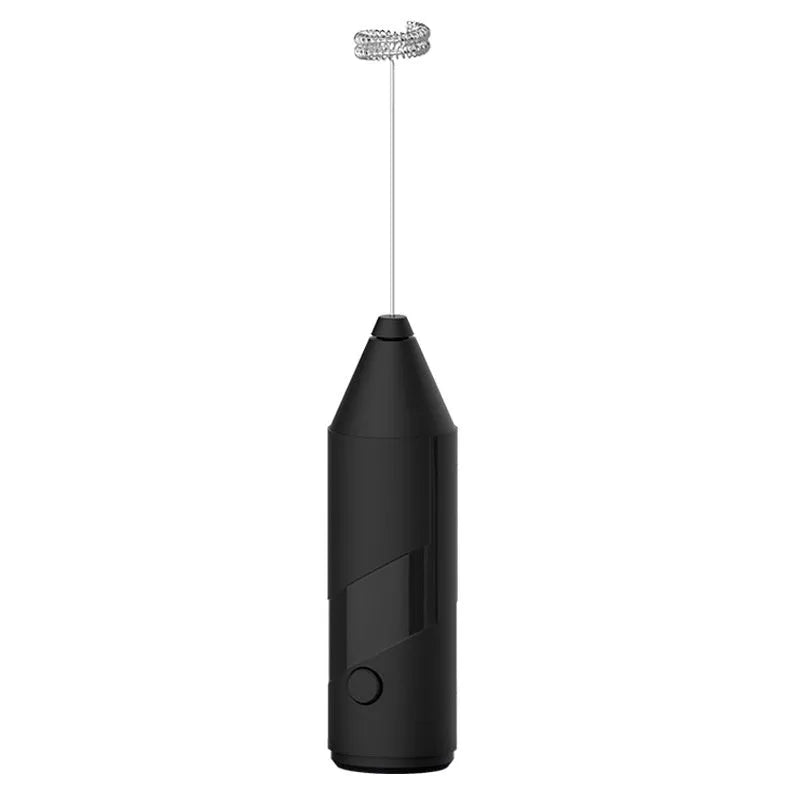 USB rechargeable handheld electric milk frother in black, white and khaki colours