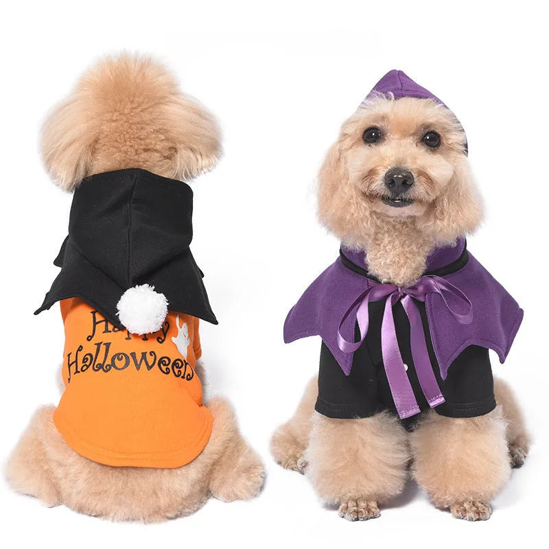 Halloween pumpkin theme two-piece dog costume with sweater and shawl in black and orange colours