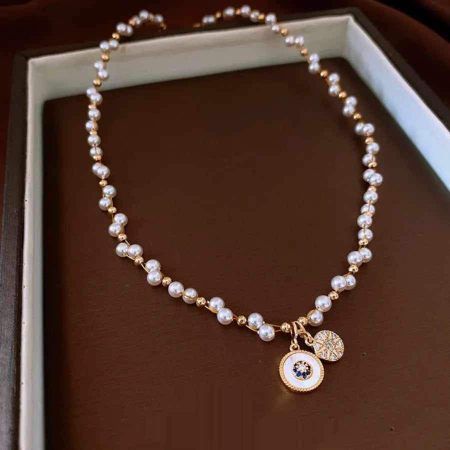 Real gold electroplated clavicle chain necklace with round zircon pearl pendant