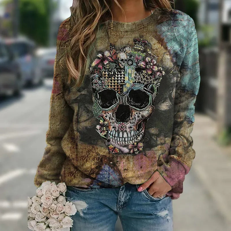 Black long sleeve sweatshirt with printed skull design on front
