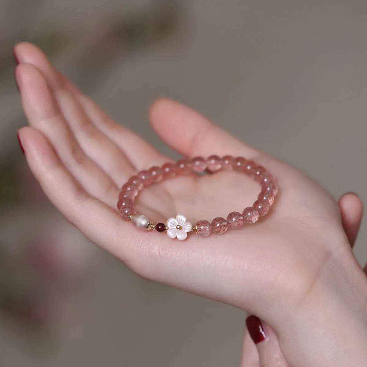 Strawberry quartz crystal flower bracelet with stretch band in peach blossom style for women