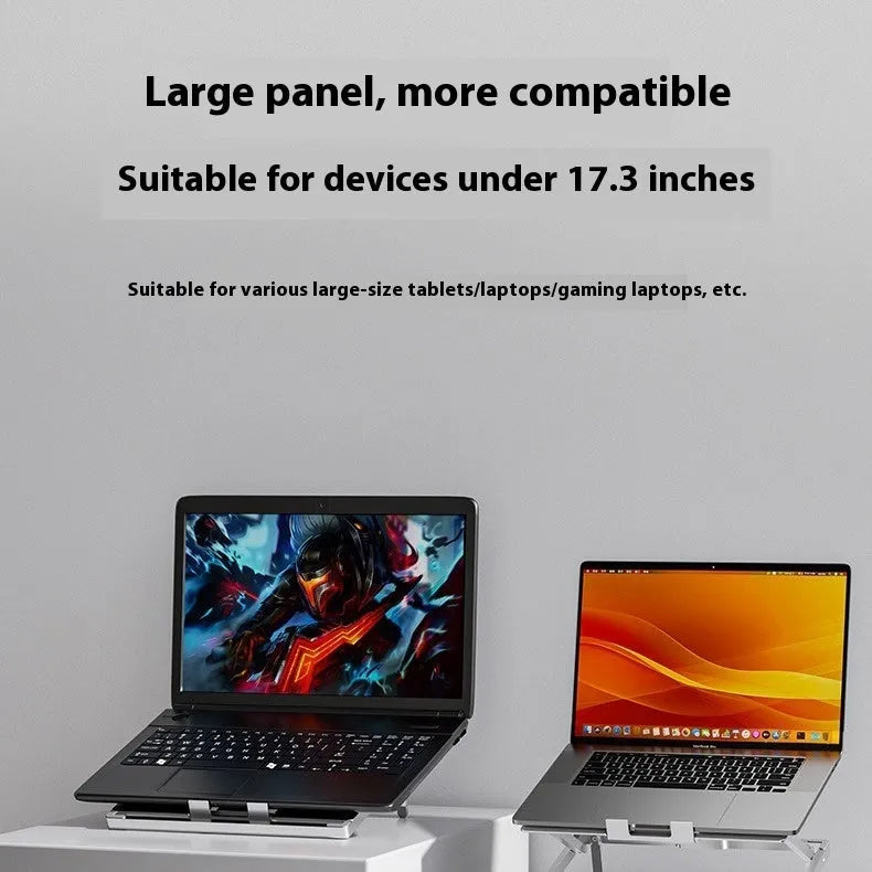 Aluminium alloy folding laptop cooling rack showing its size and riser design