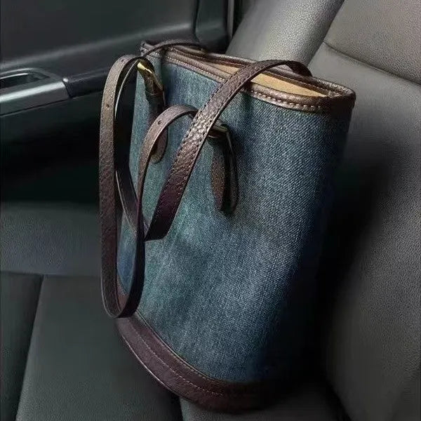 Retro denim patchwork one-shoulder bucket handbag with large capacity storage
