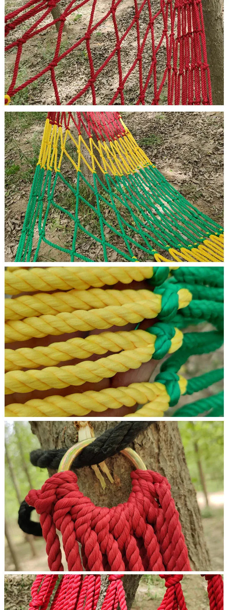 Nylon rope mesh hammock suspended between trees showing mesh pattern and included tying equipment