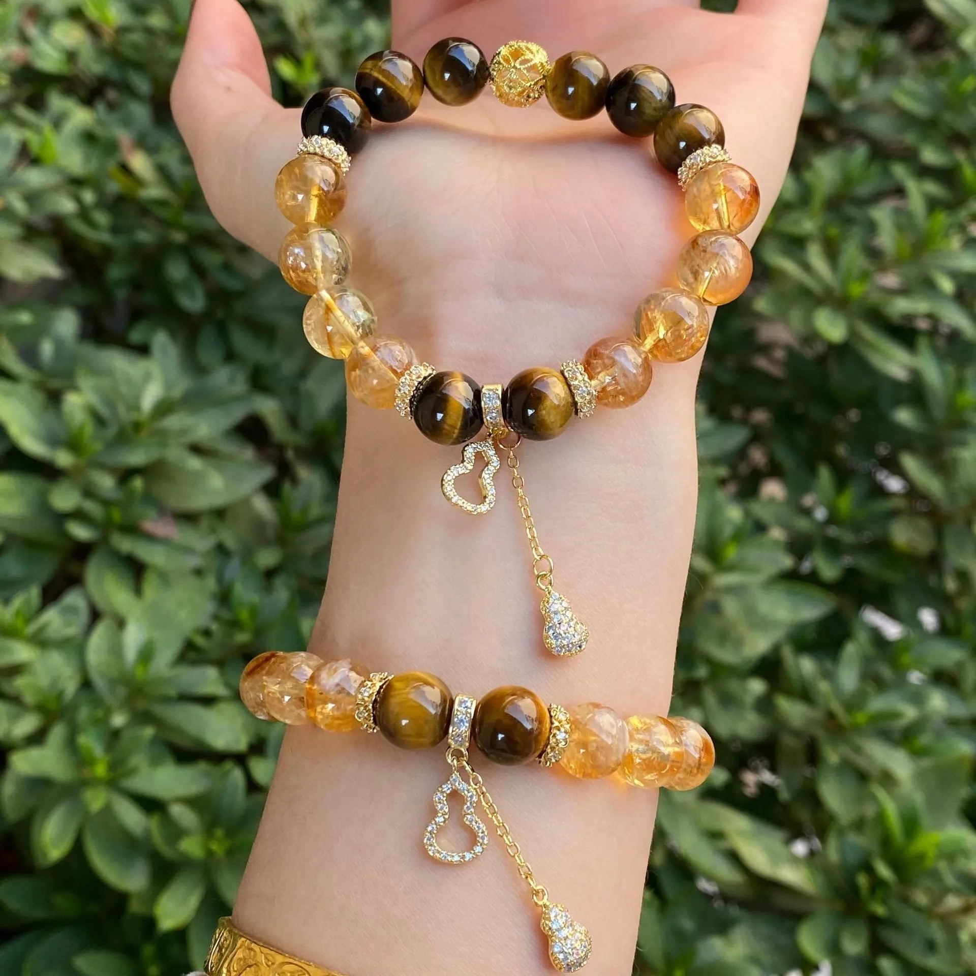 Handmade unisex citrine diamond gourd bracelet with mixed 10mm and 8mm electroplated crystal beads