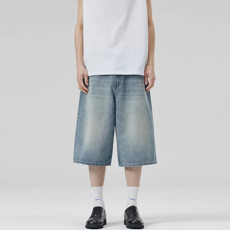 Men's straight-leg denim shorts in light blue with cropped ankle length