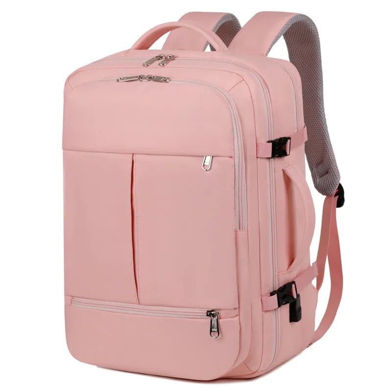 Large waterproof oxford cloth backpack for business travel with multiple pockets, shown in available colours.
