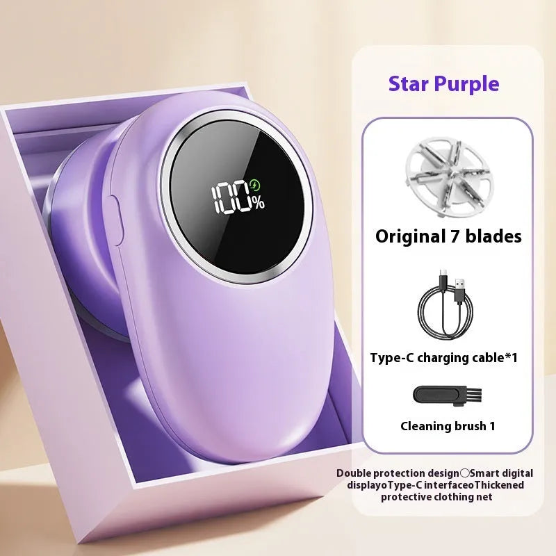 Beige and purple digital display fur ball trimmer with cutter heads for pet hair removal