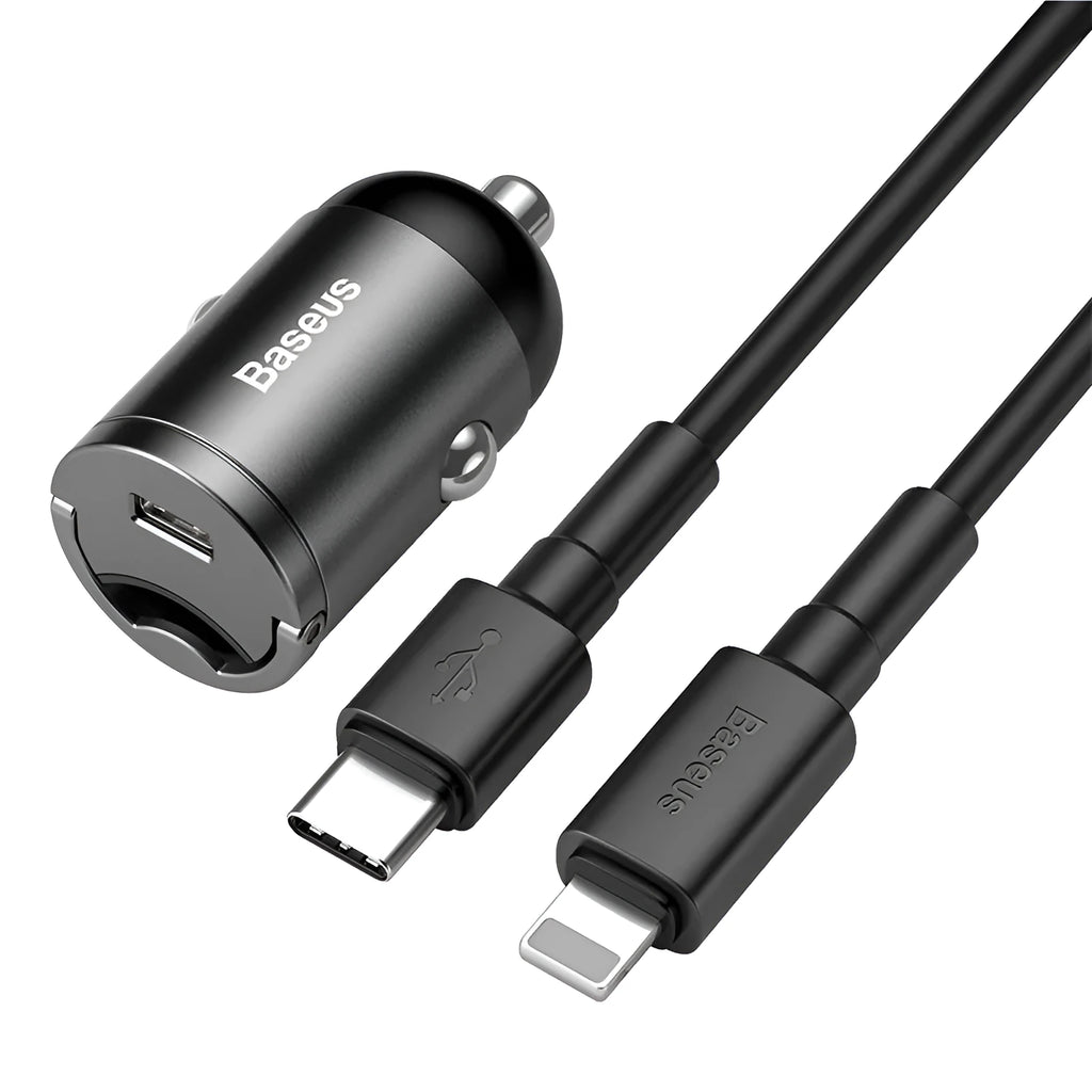 Baseus Huixiaoxing grey car charger set with 30W PPS fast charge and 1 metre cable
