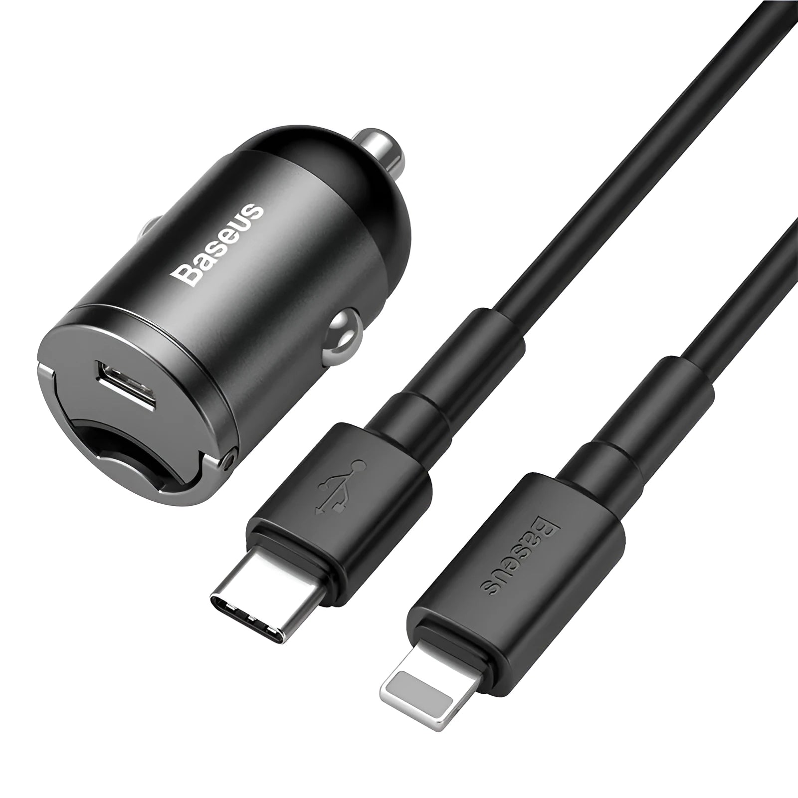 Baseus Huixiaoxing grey car charger set with 30W PPS fast charge and 1 metre cable